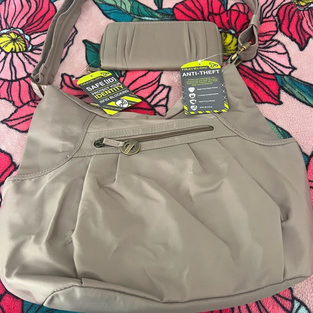 Travelon Anti-Theft Shoulder Bag - Taupe with Matching Wallet NWT